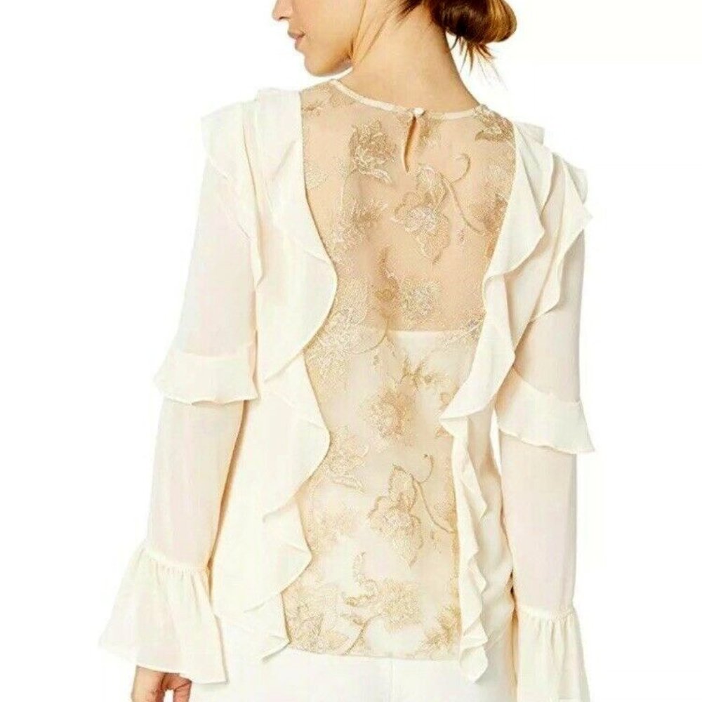 New* BCBG MAXAZRIA Floral Embroidered Ruffle Top Cream/Gold Color Size XS $228 - Picture 4 of 7